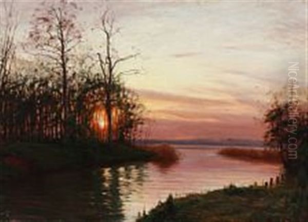 Sunset Near A Danish Lake Oil Painting by Sigvard Marius Hansen