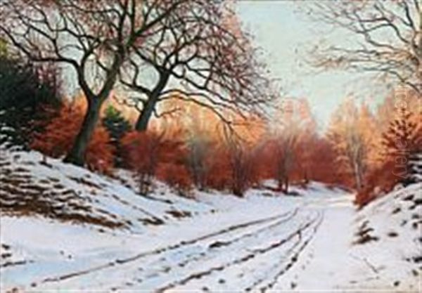 An Evening In The Forest A Winter Day Oil Painting by Sigvard Marius Hansen