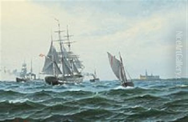 Warship With Pilot With Kronborg Castle On The Starboard Oil Painting by Sigvard Marius Hansen