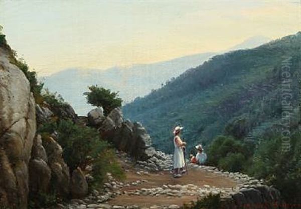 A Mountain Landscape With Figures Oil Painting by Sigvard Marius Hansen