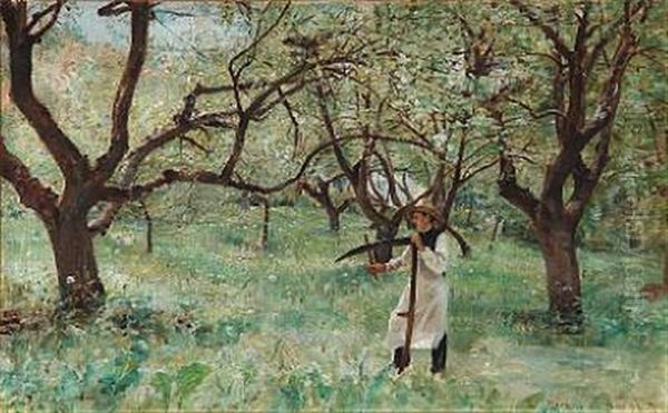 In Harvest Time, A Man Sharpening His Scythe Oil Painting by Sigvard Marius Hansen