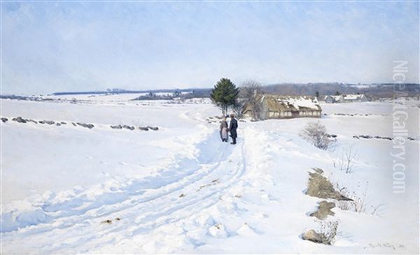 The Meeting, Snow Scene Oil Painting by Sigvard Marius Hansen