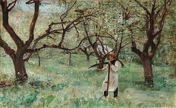 In Harvest Time, A Man Sharpening His Scythe Oil Painting by Sigvard Marius Hansen