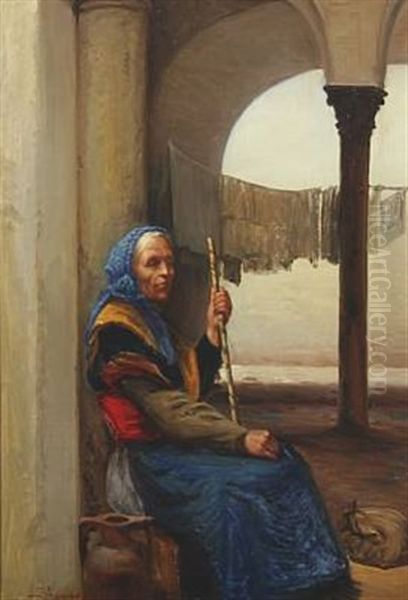 Italian Woman Sitting Under An Arch Oil Painting by Sigvard Marius Hansen