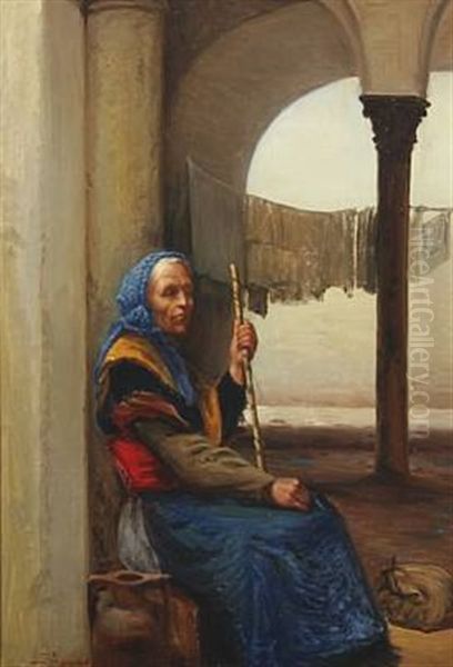 Italian Woman Sitting Under An Arch Oil Painting by Sigvard Marius Hansen