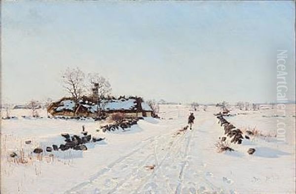 Snowy Landscape With A Hunter And His Dog Oil Painting by Sigvard Marius Hansen