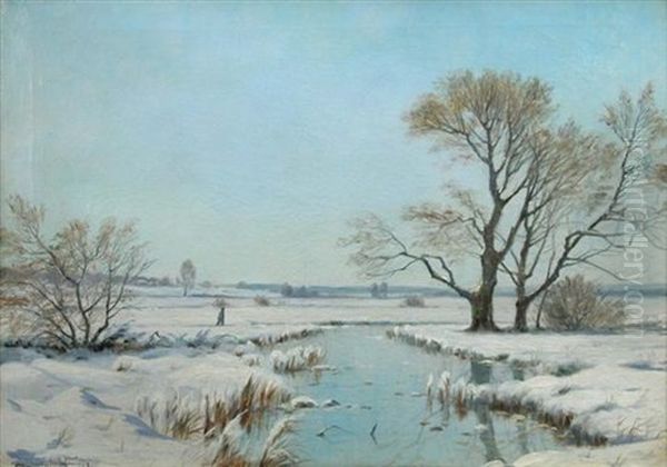 Winter's Scene With A Walker In The Snow Oil Painting by Sigvard Marius Hansen