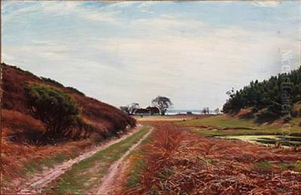 Landscape With A Farm By A Fiord Near Heather Hills Oil Painting by Sigvard Marius Hansen