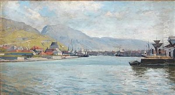 Harbour Scene From Bergen Oil Painting by Sigvard Marius Hansen