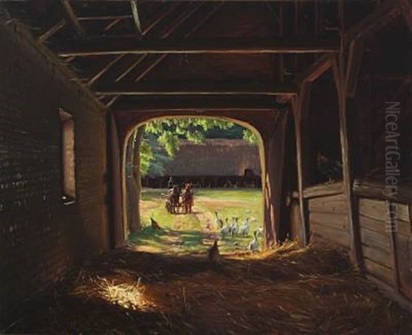 Farm Scene Oil Painting by Sigvard Marius Hansen