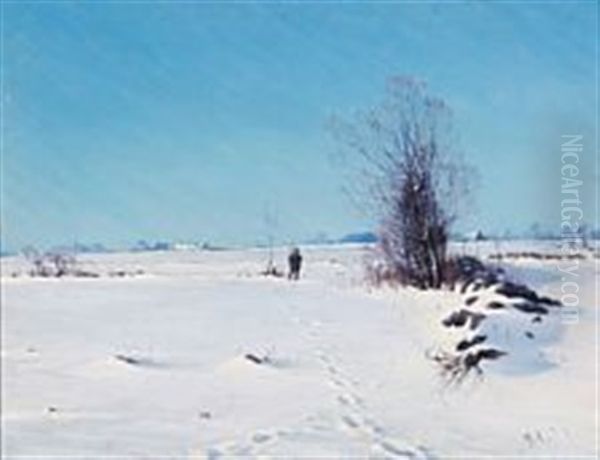 Cloudless Winter Day With A Hunter On A Snow Covered Field Oil Painting by Sigvard Marius Hansen