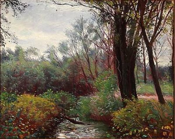 Forest Scene With A Stream Oil Painting by Sigvard Marius Hansen