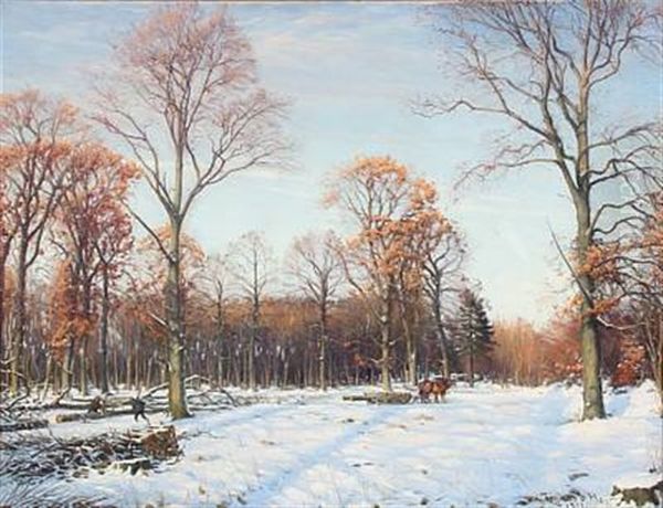 Winter Day In A Forest With Lumberjacks Oil Painting by Sigvard Marius Hansen