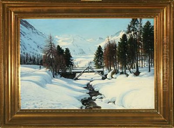 A Snow Covered Landscape In Oberengadin, Switzerland Oil Painting by Sigvard Marius Hansen