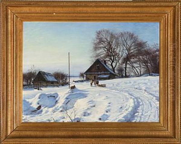 Winter Landscape With Houses At A Village Road Oil Painting by Sigvard Marius Hansen