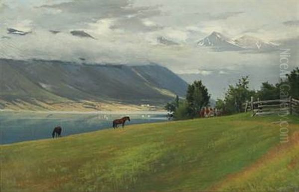 Mountain Landscape With A River And Grazing Horses Oil Painting by Sigvard Marius Hansen