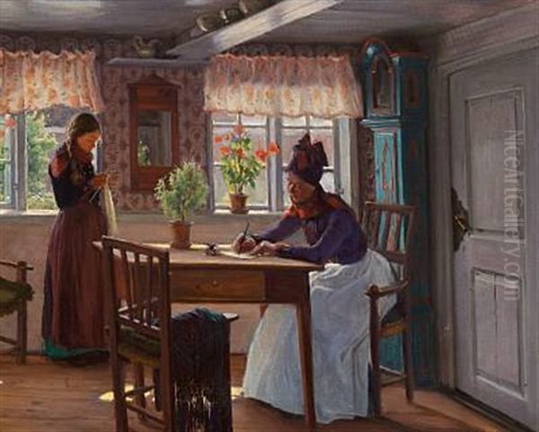 Interior With Two Girls From The Danish Island Of Fano Oil Painting by Sigvard Marius Hansen