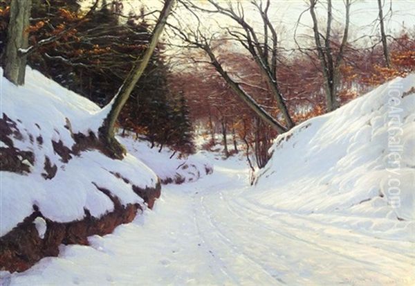 Snedaekket Vej (snowy Path In The Early Evening) Oil Painting by Sigvard Marius Hansen