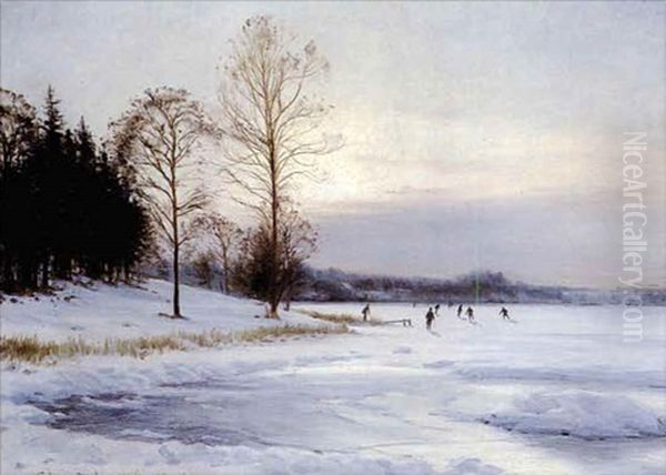 Skaters On A Frozen Pond Oil Painting by Sigvard Marius Hansen