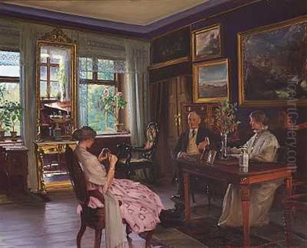 Familien Dahl I Dagligstuen Pa Moesgaard Oil Painting by Sigvard Marius Hansen