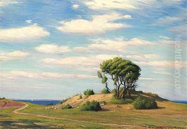 Et Sommerlandskab Fra Moesgaard Med Gaes Ved En Gravhoj Oil Painting by Sigvard Marius Hansen