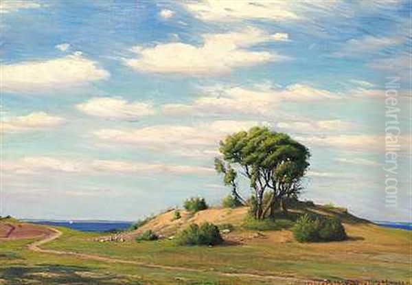 Et Sommerlandskab Fra Moesgaard Med Gaes Ved En Gravhoj Oil Painting by Sigvard Marius Hansen