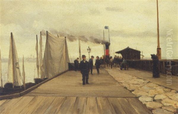 Helsingors Skibsbro, Aftenstemning Oil Painting by Sigvard Marius Hansen