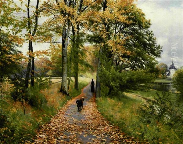 Spadserenade Dame Med Hund I En Park, Efterar Oil Painting by Sigvard Marius Hansen