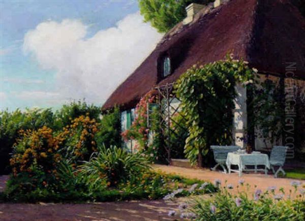 Sommerdag I Haven Med Blomstrende Roser Og Stauder Uden For Den Strataekte Gard Oil Painting by Sigvard Marius Hansen