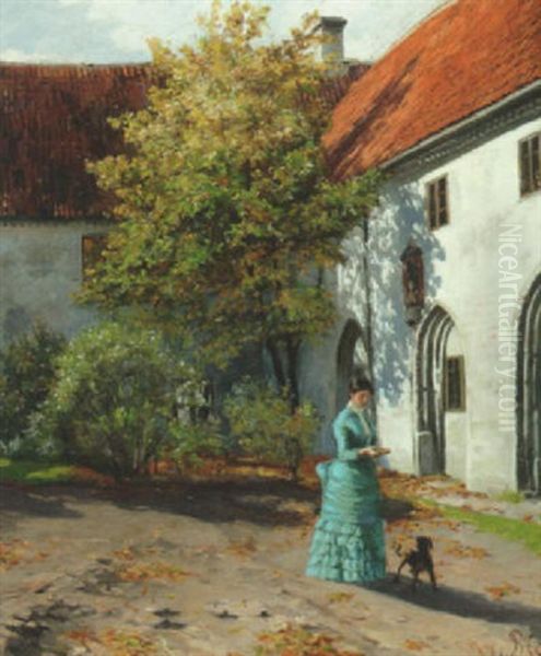 En Ung Pige Med En Hund I Fratergarden I Karmelitterklostret, Helsingor Oil Painting by Sigvard Marius Hansen