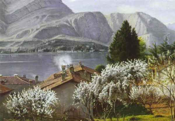 Parti Fra Lago De Como, Med Huse Og Udsigt Til Soen, I Forgrunden Blomstrende Frugttraeer Oil Painting by Sigvard Marius Hansen