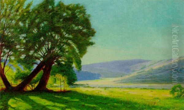 A Sunlit Summer Landscape Oil Painting by Sigvard Marius Hansen