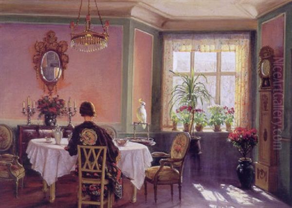 Interior Fra Den Rosa Stue Med Ung Pige Og Kakadue Oil Painting by Sigvard Marius Hansen