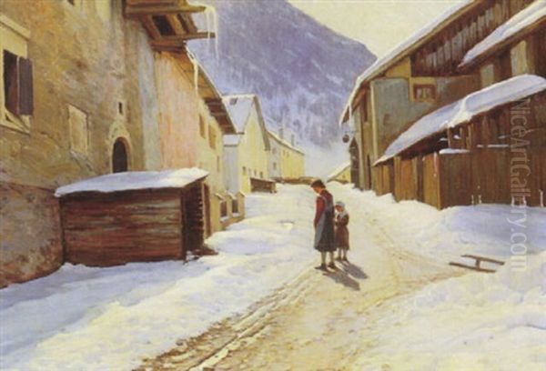 Gadeparti Med To Smapiger, Vinter Oil Painting by Sigvard Marius Hansen