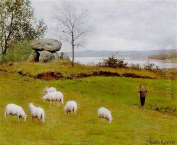 Landskab Med Far Og Vogterdreng, I Baggrunden En Stendysse Oil Painting by Johan Hansen-Aarslev