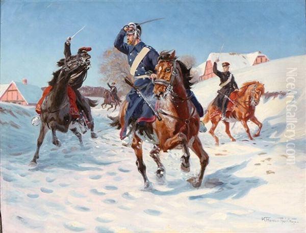 Dragoons In A Battle On A Winterday Oil Painting by Karl Frederik Christian Hansen-Reistrup