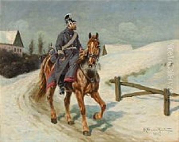 Dragoons On A Snowy Road Oil Painting by Karl Frederik Christian Hansen-Reistrup