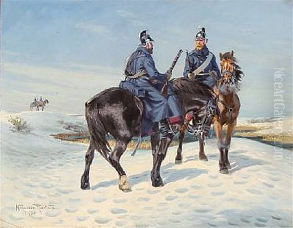 Winter Landscape With Dragoons On Horseback Oil Painting by Karl Frederik Christian Hansen-Reistrup