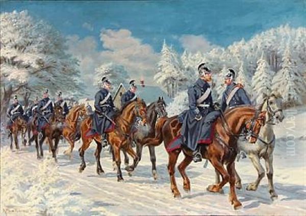 Dragoons On Horseback In A Winter Landscape Oil Painting by Karl Frederik Christian Hansen-Reistrup