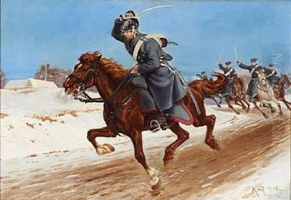 A Dragoon And Soldiers In Gallop Oil Painting by Karl Frederik Christian Hansen-Reistrup