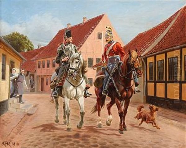 Dragon Officer And A Guard Hussar In A Street In Aarhus, Denmark Oil Painting by Karl Frederik Christian Hansen-Reistrup