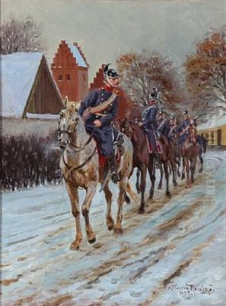 Riding Dragoons, Winter Time Oil Painting by Karl Frederik Christian Hansen-Reistrup