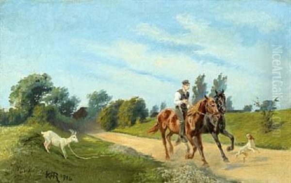 Man With Horses, Dog And Goat Oil Painting by Karl Frederik Christian Hansen-Reistrup