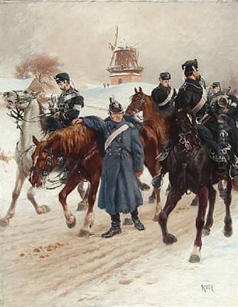 Soldiers On Horseback At Wintertime, Presumably From The Second Schleswig War 1864 With Dybbol Mill In The Background Oil Painting by Karl Frederik Christian Hansen-Reistrup