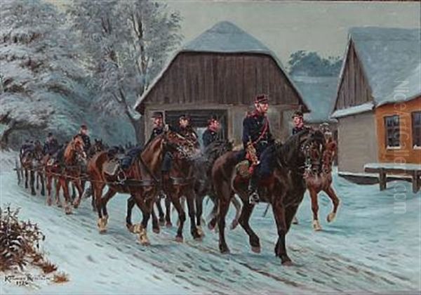 Danish Soldiers On Horseback, Winter Time Oil Painting by Karl Frederik Christian Hansen-Reistrup