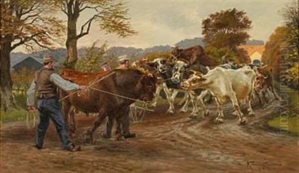 Farmers With Their Cattle On A Dirt Road Oil Painting by Karl Frederik Christian Hansen-Reistrup