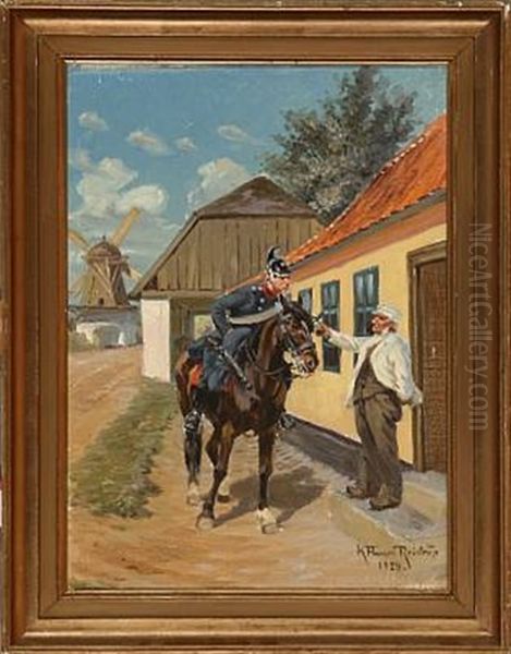 Cheers! (a Dragoon And A Farmer Drinking Beers) Oil Painting by Karl Frederik Christian Hansen-Reistrup