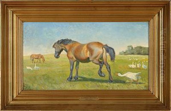 Grazing Horses And Geese Oil Painting by Karl Frederik Christian Hansen-Reistrup