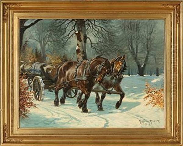 Winter Forest With Horses And Carriage Oil Painting by Karl Frederik Christian Hansen-Reistrup