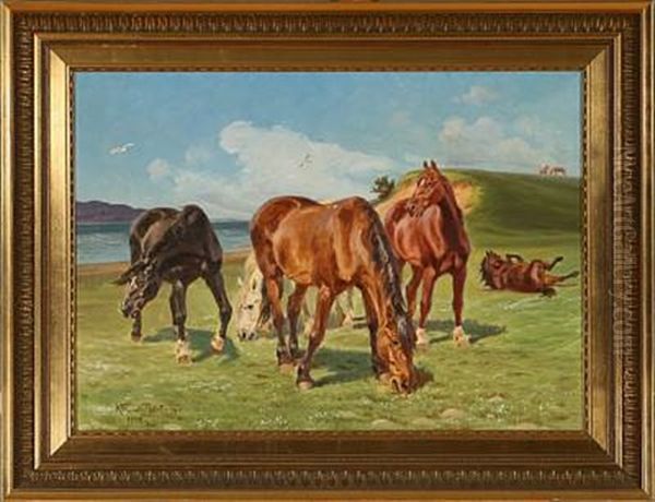 Summer Day With Grazing Horses Oil Painting by Karl Frederik Christian Hansen-Reistrup